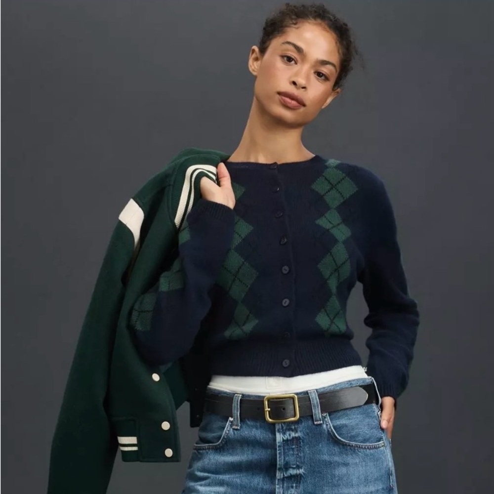 Reformation Navy and Green Argyle Cardigan